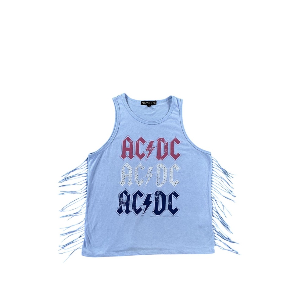 Vinyl Icons ACDC Graphic Fringe Tank Top Light Blue Rock Band Sleeveless Medium
